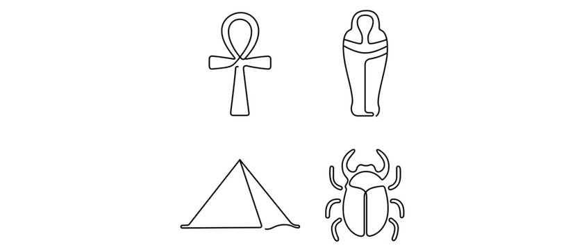 Ancient Egypt History and Archaeology Editable Stroke Vector Icon Set Featuring Ankh Symbol, Sarcophagus, Great Pyramid, and Scarab Beetle, Minimalist Single Line Art Collection of 4 Icons