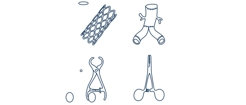 Vascular Surgery Medical Icon Set with 4 Editable Stroke Vector Icons: Stent, Vascular Graft, Surgical Clamp, and Locking Hemostat. Professional Healthcare and Cardiology Line Art Bundle.