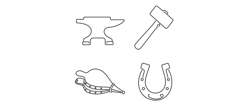 Medieval Blacksmithing Vector Icon Set with Editable Stroke featuring Anvil, Heavy Hammer, Leather Bellows, and Steel Horseshoe. Collection of 4 Minimalist Line Icons for History and Craft.