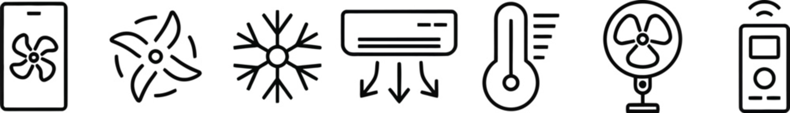 Air conditioning icons set. Modern cooling, heating, ventilation, thermostat, smart ac, remote control, energy efficient system, climate control symbols collection vector illustration. AC control.