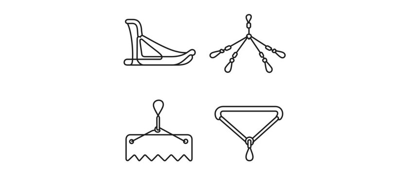 Dog Sledding and Mushing Equipment Vector Icon Set with 4 Icons: Sled, Harness Ganglines, Snow Brake, and Mushing Handle. Minimalist Thin Line Design with Editable Stroke for Easy Customization.