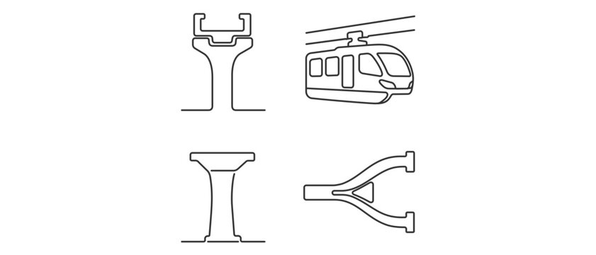 Monorail Transit Vector Icon Set, Collection of 4 Icons featuring Straddle Beam Train Car, Pylon Support, and Track Switch. Minimalist Editable Stroke Line Art for Transportation and Urban Design.