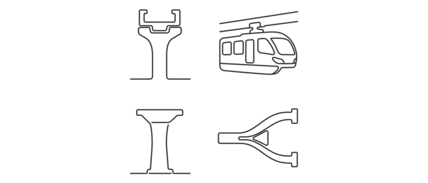 Monorail Transit Vector Icon Set, Collection of 4 Icons featuring Straddle Beam Train Car, Pylon Support, and Track Switch. Minimalist Editable Stroke Line Art for Transportation and Urban Design.