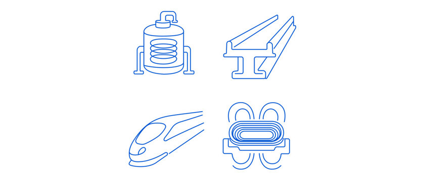 Maglev Train Technology Vector Icon Set featuring Superconducting Magnet, Guideway Track, Nose Cone, and Levitation Coil. Collection of 4 Icons with Editable Stroke for Custom Line Weight.
