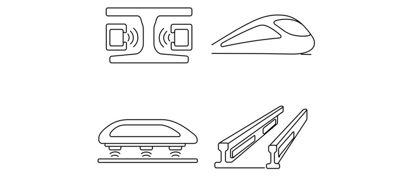 Maglev High-Speed Train and Magnetic Track Vector Icon Set of 4 Icons featuring Aerodynamic Nose, Floating Chassis, and Maglev Rails. Minimalist Line Art with Editable Stroke for Customization.
