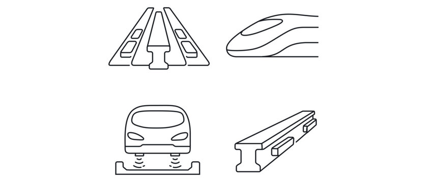 Maglev High Speed Train and Magnetic Track Vector Icon Set, Collection of 4 Icons with Editable Stroke featuring Aerodynamic Nose, Floating Chassis, and Maglev Rail for Modern Transport Design.