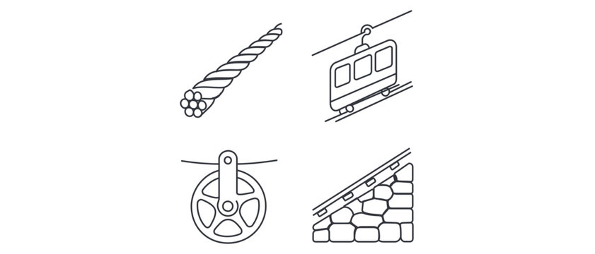 Funicular Railway and Cable Car Vector Icon Set with Editable Stroke. 4 Minimalist Line Icons of Braided Steel Cable, Angled Carriage, Pulley Wheel, and Stone Track Foundation for Transport.