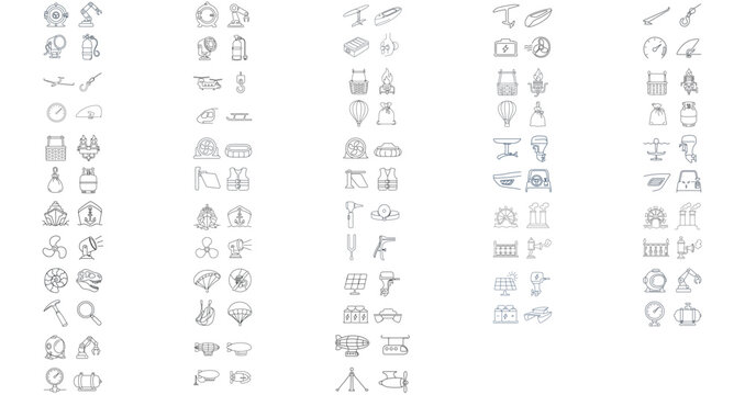 Mega Vector Icon Set of 112 Aviation and Marine Icons with Editable Stroke. Bundle includes Helicopters, Gliders, Submersibles, Hydrofoils, Hot Air Balloons, Hovercraft, Steamboats and Airships.