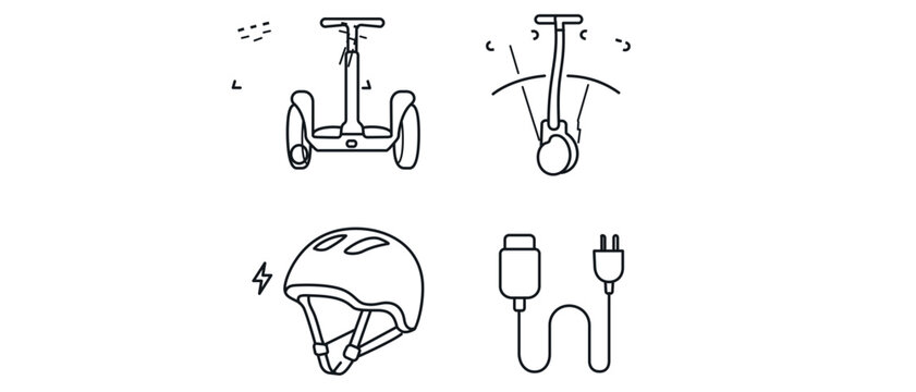 Personal Electric Transporter and Segway Vector Icon Set with 4 Icons. Features Self-Balancing Scooter, Steering Motion, Safety Helmet, and Charging Cable. Editable Stroke Line Art Collection.