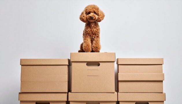 A miniature poodle sits atop a pile of neatly stacked recycled cardboard boxes, imply
