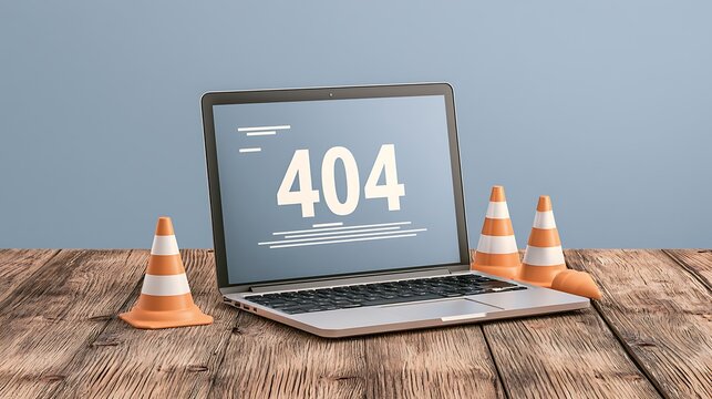 404 error page concept on a laptop screen on a wooden table with traffic cones