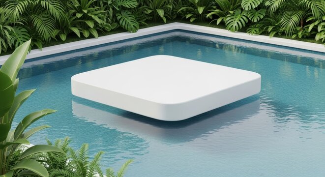 a white square object floating on the surface of a swimming pool surrounded by lush greenery and tro