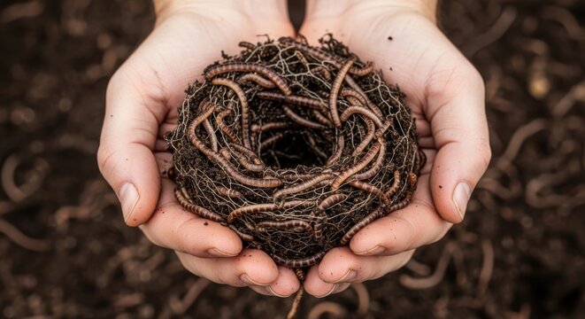 a person holding a handful of worms in their hands with soil close up detail view natural lighting c