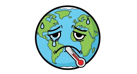 Obraz premium a cartoon globe with a thermometer in its mouth looking unwell thermometer in mouth unwell expressio