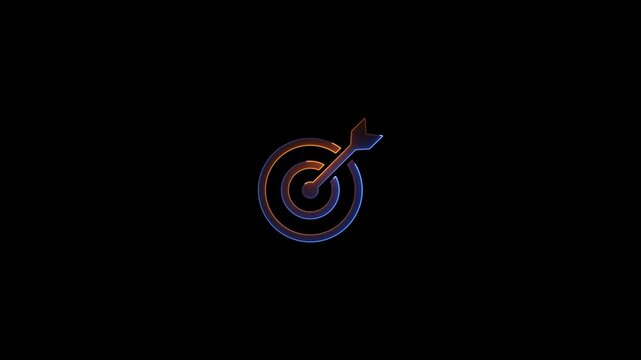 Neon glowing target icon video animation. Glowing Arrow hitting the center of target animation. business goals achievement target icon animation. Business target animation.