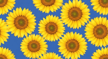 Obraz premium Vibrant yellow sunflowers arranged in rows on a bright blue background with green and brown centers