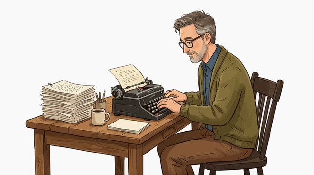 A focused writer at work, engrossed in his craft, meticulously typing on an old typewriter. A pile of manuscripts lies alongside. The scene captures the essence of literature and creativity.