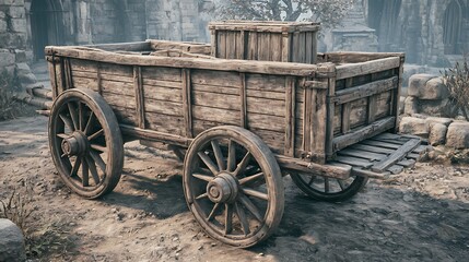 Obraz premium Ancient wooden cart with wheels on a dirt road in a medieval ruined setting