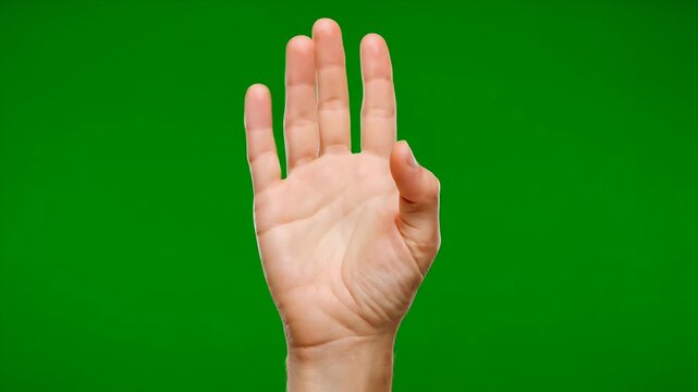 A human hand with three fingers raised and two bent, isolated against a vibrant green screen background.
