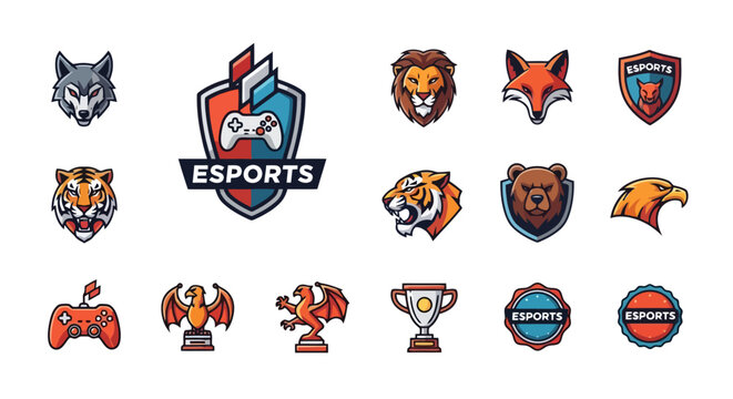 Collection of Esport Gaming Logos Featuring Animals, Controllers, and Trophies.