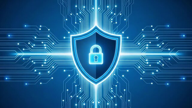 Cybersecurity data protection shield animation with digital lock icon secure network encryption background video