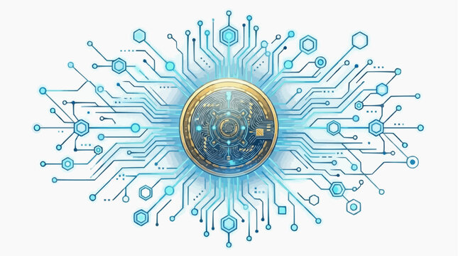 A conceptual illustration of a digital currency token intricately woven into the fabric of a circuit board, symbolizing the convergence of technology and finance.
