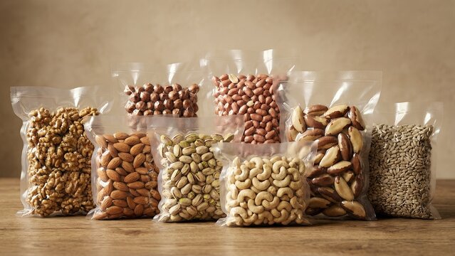 Assorted nuts and seeds in vacuum sealed transparent bags including walnuts almonds pistachios cashews peanuts brazil nuts and sunflower seeds on wooden table food storage concept