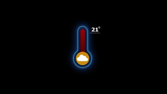 Animated thermometer graphic shows weather temperature and cloud icon with glowing neon outline on black background.