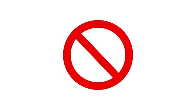 Red prohibition sign appearing and disappearing on white background, stop gesture animated motion graphic footage.