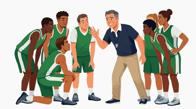 A coach's motivational pep talk with a diverse basketball team.