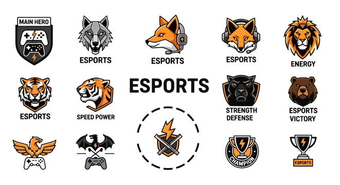 Collection of various esports logos featuring animals, game controllers, and abstract symbols, representing different gaming teams and concepts.