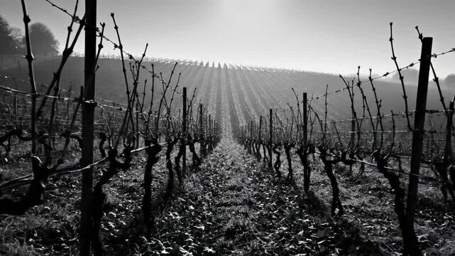 Black and white vineyard landscape with rows of dormant grape vines under a clear, bright sky