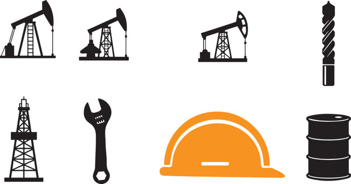 Oil industry icons including pumpjack, drill pipe, oil rig, wrench, hard hat and barrel.