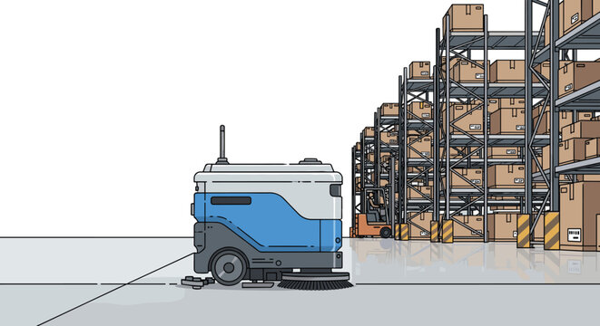 An industrial floor scrubber machine moves along the aisle of a vast warehouse filled with stacked storage racks and cardboard boxes.