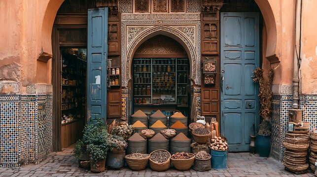 Traditional Moroccan spice shop in Marrakesh souk
