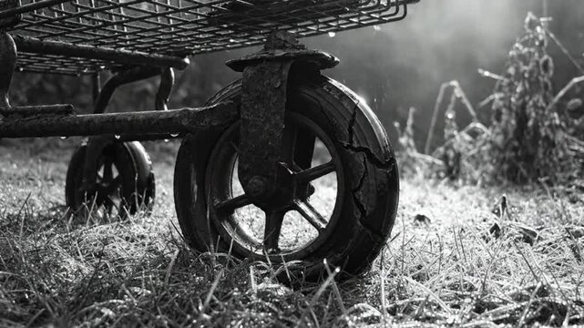Black and white close-up of a broken and rusty shopping cart wheel on frosty grass in sunlight