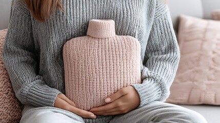 Fototapeta premium Woman holding a warm hot water bottle for pain relief