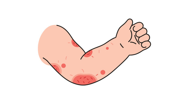 The illustrated human arm shows patches of red skin inflammation and rashes isolated against a plain white background for medical or health education purposes.