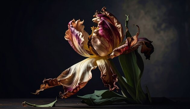 Withered purple and white tulip flower in dramatic chiaroscuro lighting, decaying petals, moody botanical still life, melancholy natural beauty