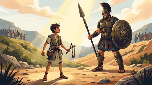 David and goliath cartoon illustration, young boy with slingshot facing giant soldier, biblical story for children