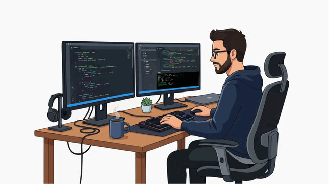 An illustration of a coder immersed in work at a modern desk, highlighted by dual monitors.