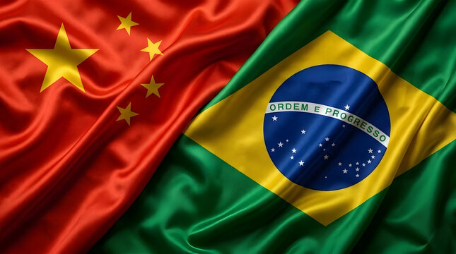 China and Brazil Flags Waving Together - BRICS Partnership and Economic Cooperation Concept