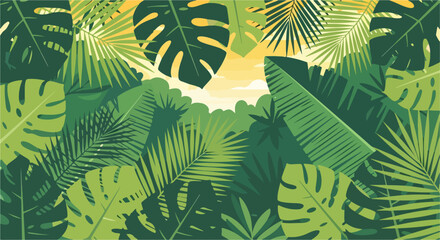 A vibrant jungle scene with various green leaves and a sunny sky © Babat