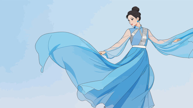 Elegant female dancer in flowing blue gown performing outdoors