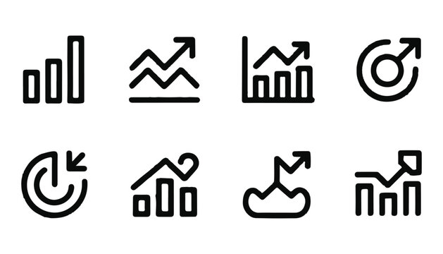 black line icons of various business charts and graphs