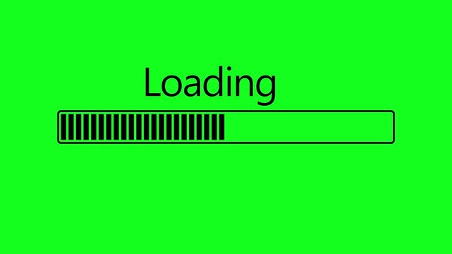 A bright green screen displaying the word Loading followed by two dots, with a horizontal progress bar below it that is partially filled with black vertical stripes