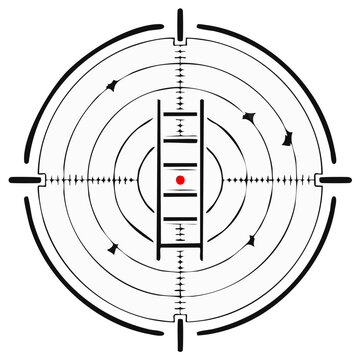 Rifle scope reticle with crosshairs and target in center focus aiming at a ladder graphic