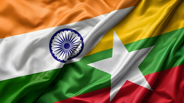 India and Myanmar flags together, highlighting diplomatic connections, international cooperation, and shared border relations between the two Asian countries.