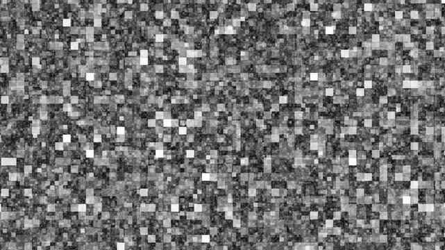 Abstract digital static video with flickering pixels creating chaotic white noise pattern background.