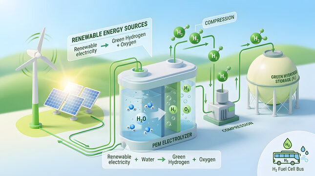 Green hydrogen production process renewable electricity to h2 fuel cell bus via pem electrolyzer and storage